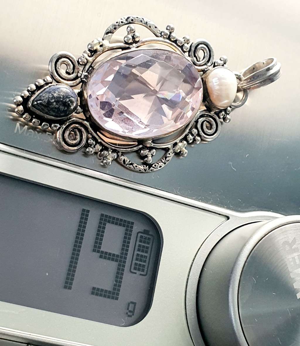 925 SILVER - LARGE PENDANT - ART DECO DESIGN - MASSIVE QUARZ - REAL PEARL AND GEM STONE