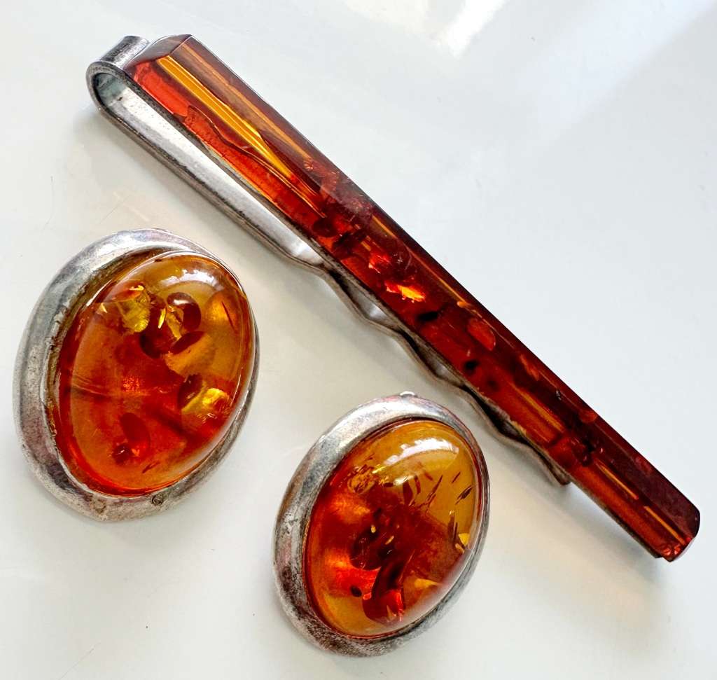 925 SILVER - VINTAGE AMBER EAR CLIPS AND TIE CLIP