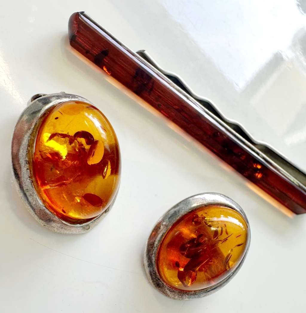 925 SILVER - VINTAGE AMBER EAR CLIPS AND TIE CLIP