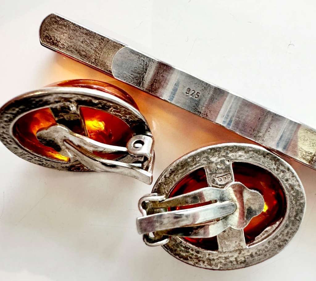 925 SILVER - VINTAGE AMBER EAR CLIPS AND TIE CLIP