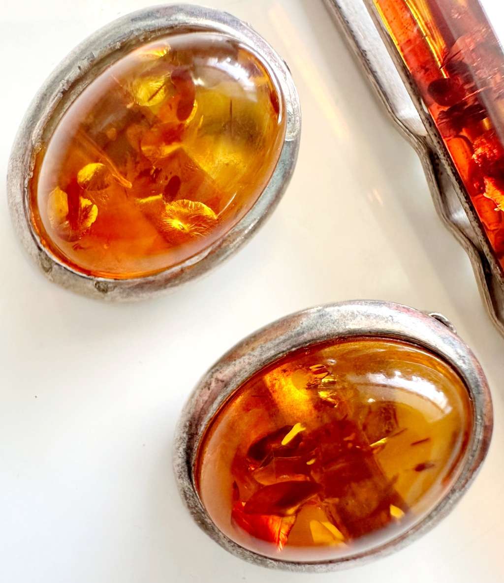 925 SILVER - VINTAGE AMBER EAR CLIPS AND TIE CLIP