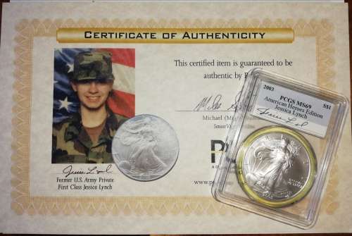 POW JESSICA LYNCH AMERICAN  HERO EDITION MS69 PCGS GRADED SILVER EAGLE.