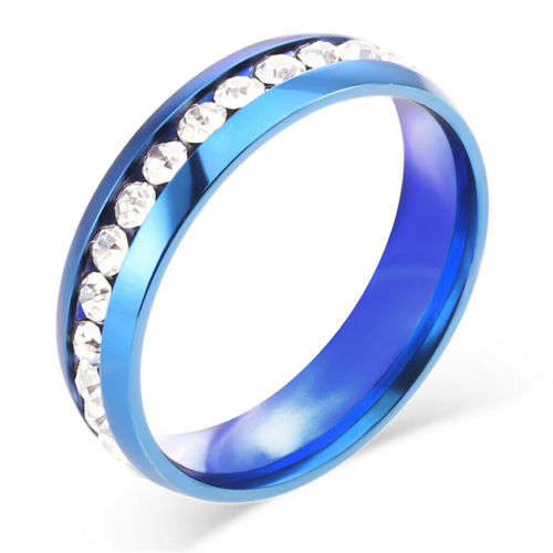 Blue Stainless Steel Band with zircon stones Ring Size 12