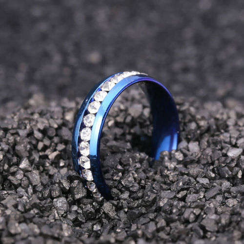 Blue Stainless Steel Band with zircon stones Ring Size 12