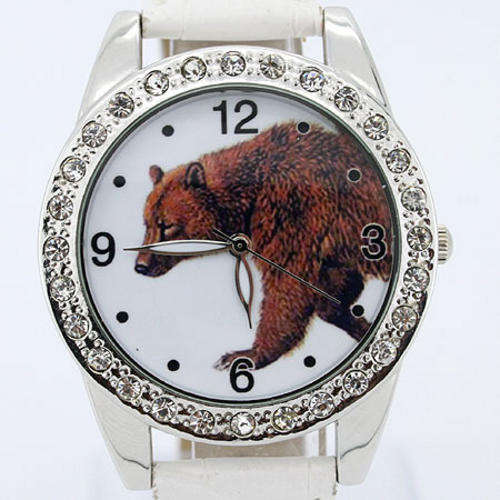 Brown Bear Quartz Wristwatch White Leather Strap with CZ stones