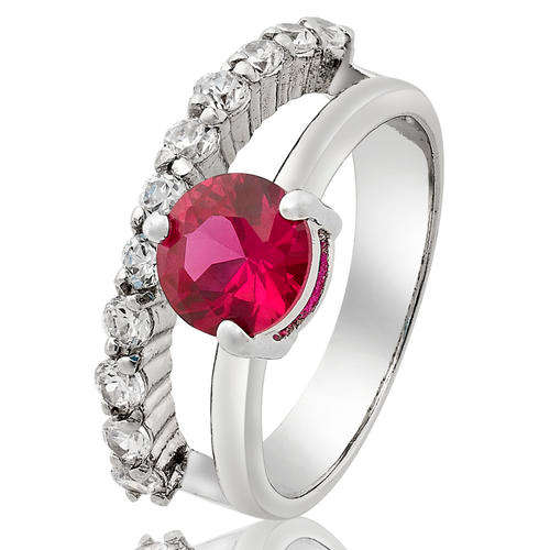 STUNNING! 18ct WGP Dress Ring with Lab Created Ruby & Cubic Zirconia Stones - Size 6.5