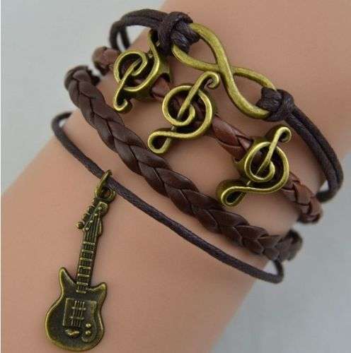 HOT! NEW Infinity Guitar Music Friendship Antique Copper Leather Charm Bracelet