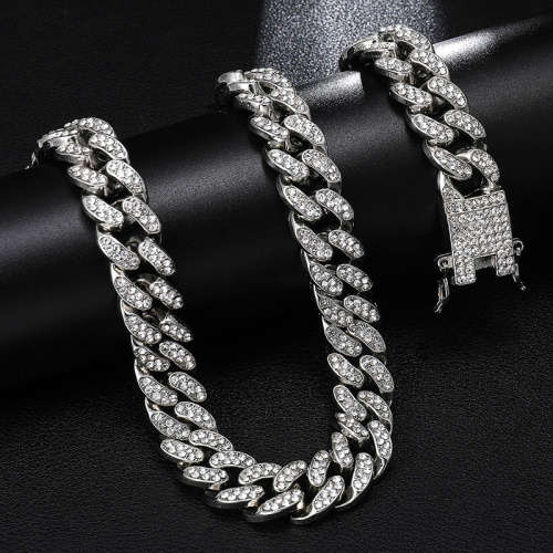 White Gold Cuban Style 13mm Chain Link Necklace & Bracelet Set