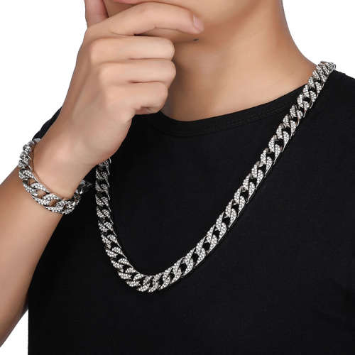 White Gold Cuban Style 13mm Chain Link Necklace & Bracelet Set