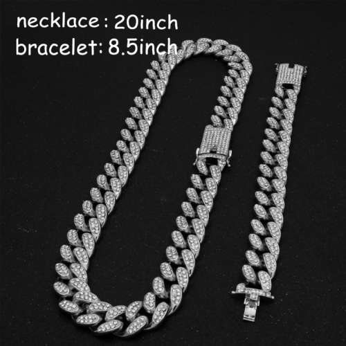 White Gold Cuban Style 13mm Chain Link Necklace & Bracelet Set