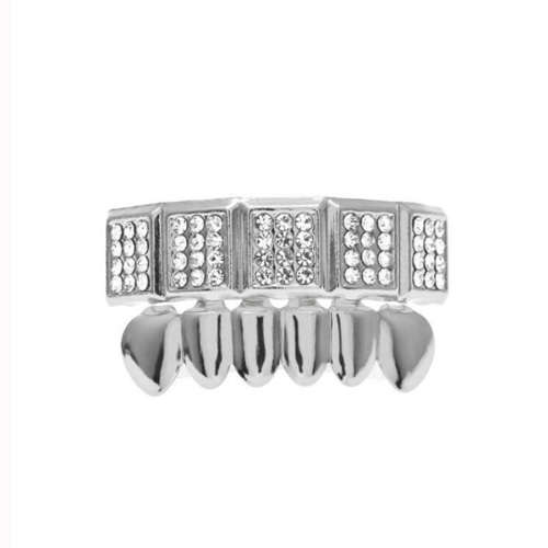Teeth Grillz Silver Plated with Squared Iced-out Diamond Top Row