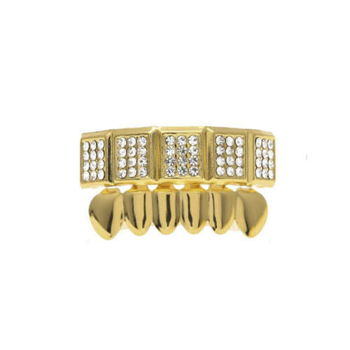 Teeth Grillz Gold Plated with Squared Iced-out Diamond Top Row