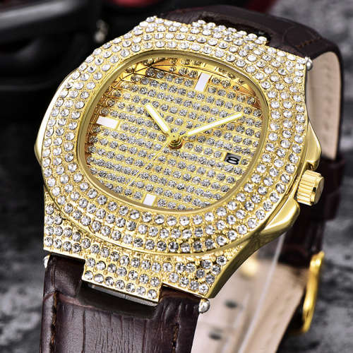 18k Gold Lion Bling ICE Wristwatch with Faux Leather Brown Strap