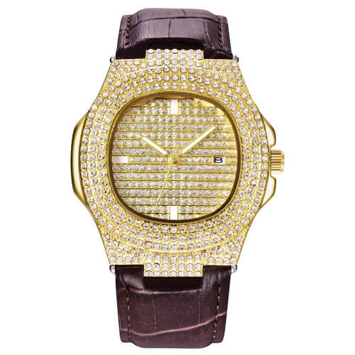 18k Gold Lion Bling ICE Wristwatch with Faux Leather Brown Strap