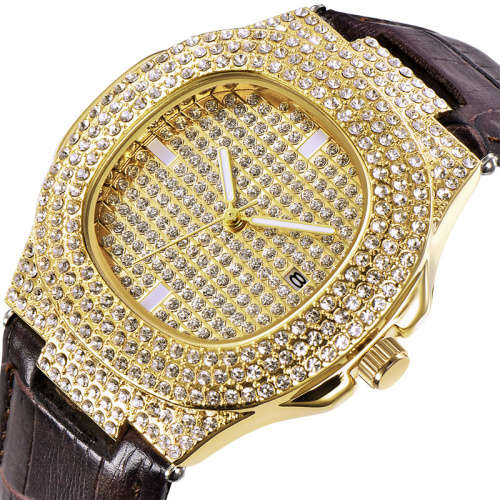 18k Gold Lion Bling ICE Wristwatch with Faux Leather Brown Strap