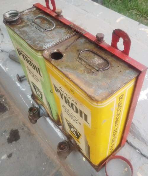 Genuine PYROIL HEAT LUBRICATION PROCESS CRANK CASE OIL B ABD TOP OIL A CANS IN MOUNTING WITH TAP AND