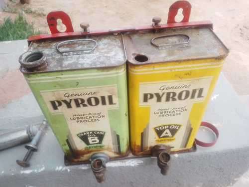 Genuine PYROIL HEAT LUBRICATION PROCESS CRANK CASE OIL B ABD TOP OIL A CANS IN MOUNTING WITH TAP AND