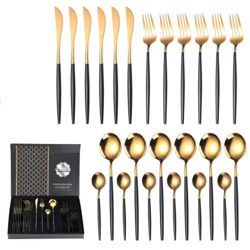 LMA Authentic Two-Tone Flatware Dinner Set and Elegant Noir Gift Box - 24 Piece - Black
