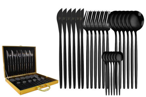 LMA Flatware Dinner Set and Decadent Wooden Gift Box - 24 Piece - Black