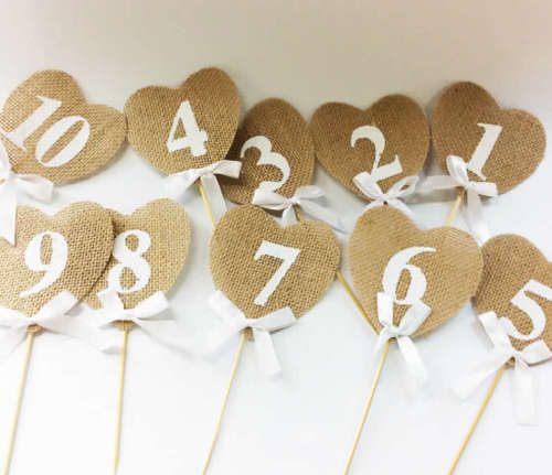 1-10 hessian heart table numbers! REDUCED TO CLEAR! View other clearance auctions!