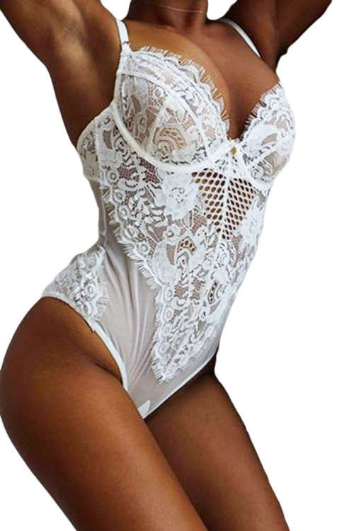 Gorgeous White Sheer Mesh Lace Cupped Teddy Lingerie. Size L.