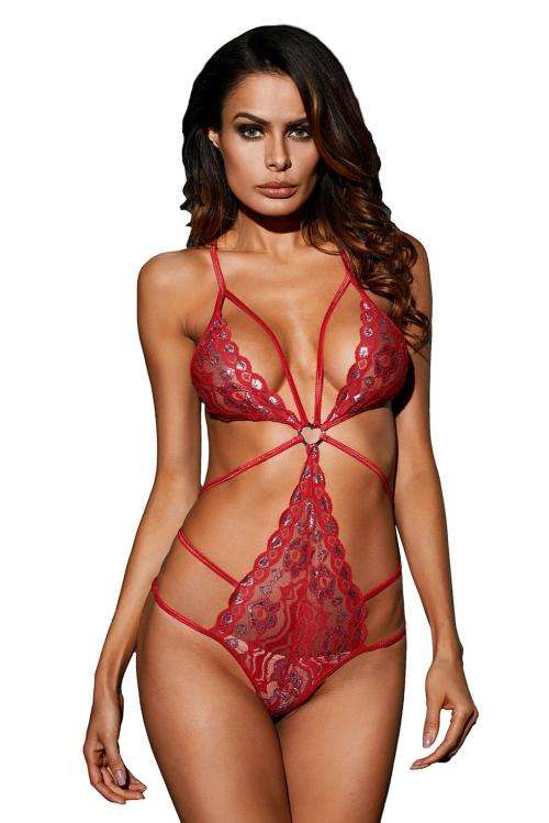 Red Heart Lace Strappy Teddy. Size M.