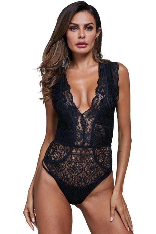 Black V Neck Hollow-out Lace Bodysuit (Size S or L)