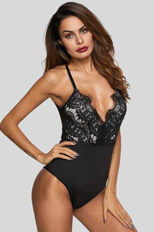 Black Eyelash Lace Allure High Waisted Bodysuit (Size M)