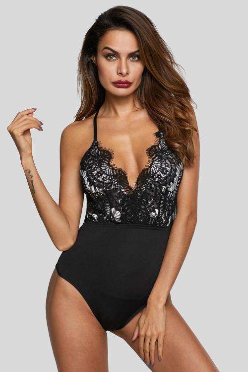 Black Eyelash Lace Allure High Waisted Bodysuit (Size M)