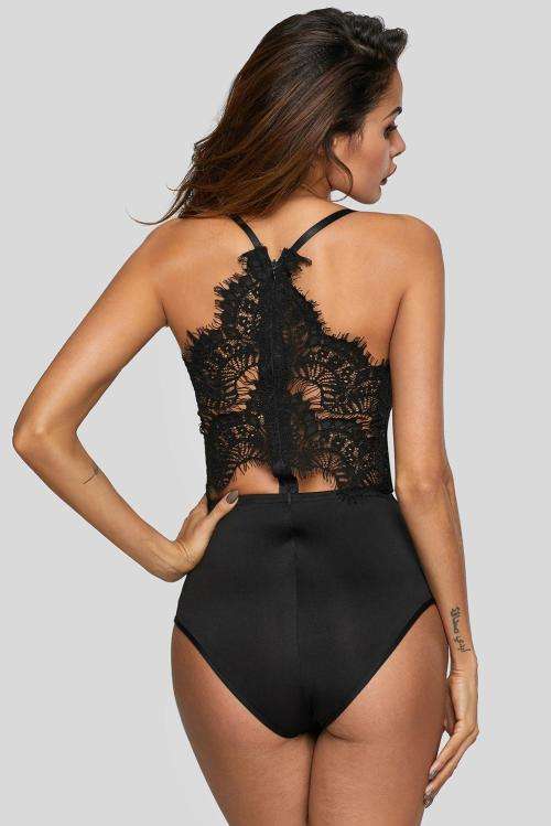 Black Eyelash Lace Allure High Waisted Bodysuit (Size M)