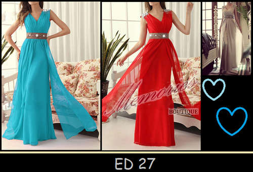 BEAUTIFUL RED/LIGHT GREY/DARK TURQOISE CHIFFON EVENING DRESS!