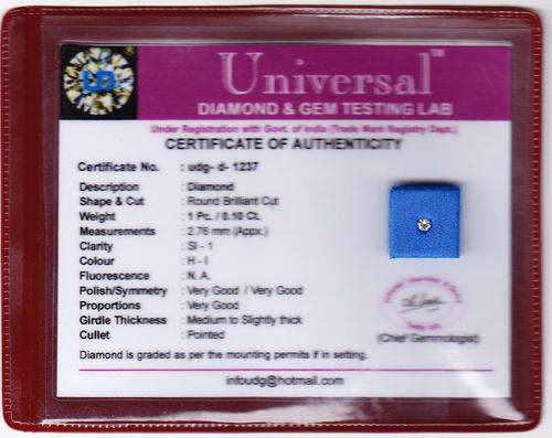 Certified 0.10Cts Real & Natural Diamond In SI-1 / H-I