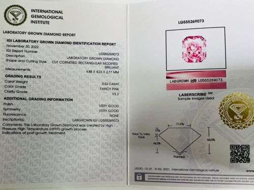 FANCY PINK 0.53CT VS2 LAB DIAMOND IGI CERTIFIED
