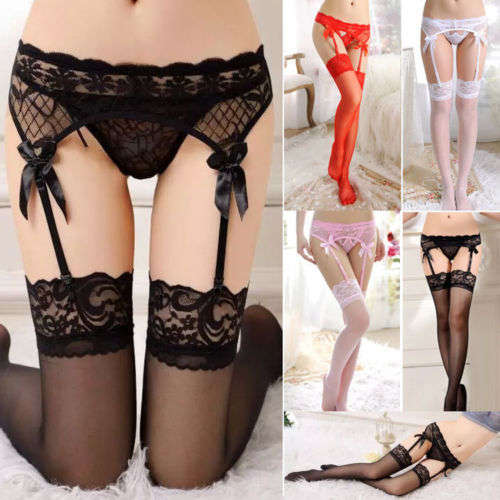 Sexy Women's Sheer Lace Top Thigh-Highs Stockings, Garter Belt Suspender Set + Free Gift