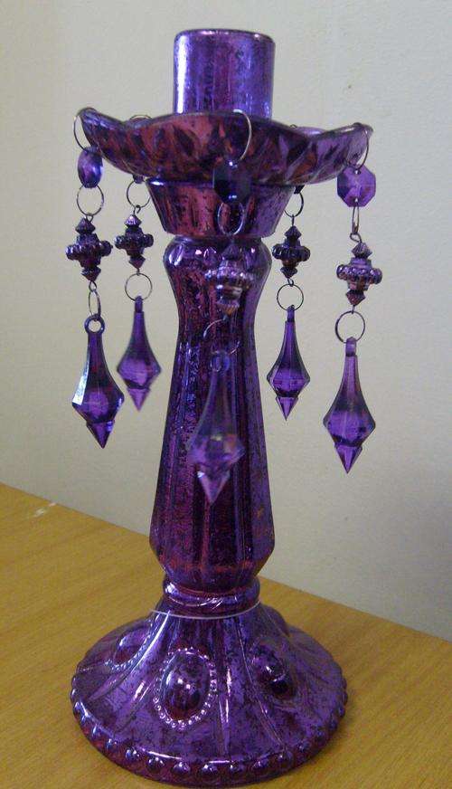 PURPLE GLASS CANDLE STICK HOLDERS WITH BEAD TRIM.