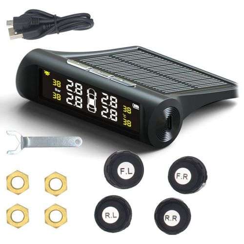 Wireless Solar Car Tire Pressure Monitoring System DIY TPMS with 4 External Sensors Bar/PSI Unit