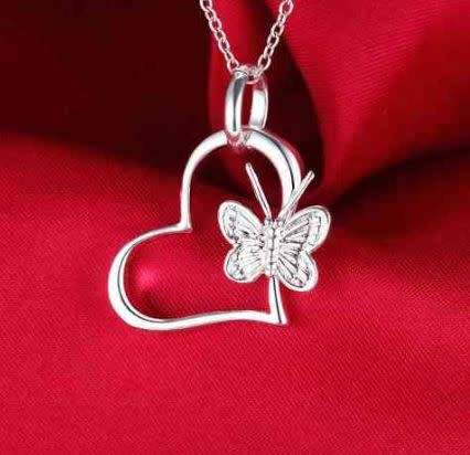 Silver Designer Heart with Butterfly Necklace