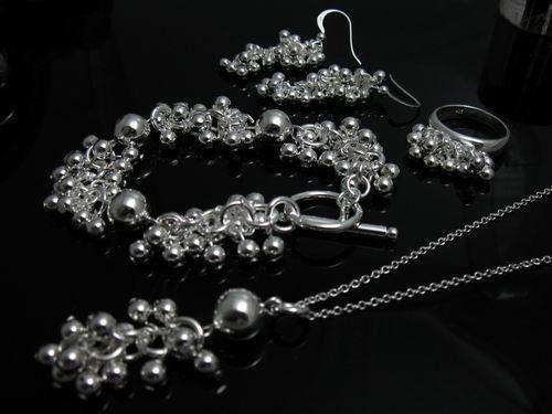 Elegant Silver Beads Jewellery Set - Necklace, Bracelet, Earrings & Ring (Size 8)