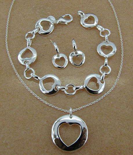 Fancy Silver HEART Necklace, Bracelet & Earrings Set (Ready to Ship)
