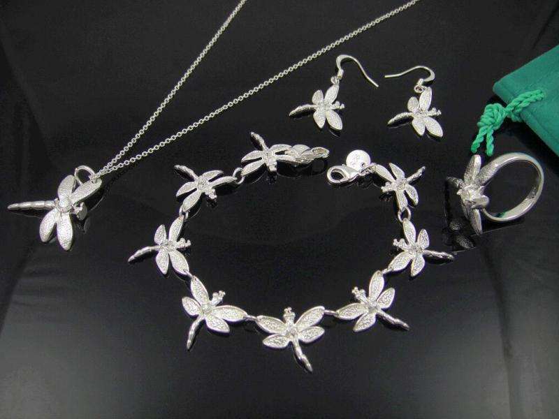 Feminine Silver DRAGONFLY Necklace, Earrings, Ring (#7) & Bracelet Jewellery Set