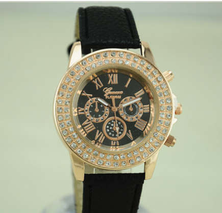 New Gold Women Dress Watches Luxury bracelet Geneva Roman Numerals Faux Leather Analog Quartz