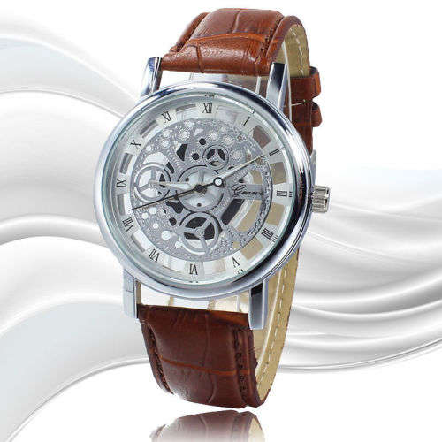 GENEVA MENS COOL CONCISE ROMAN NUMERALS FAUX LEATHER SKELETON SPORTS WRIST WATCH