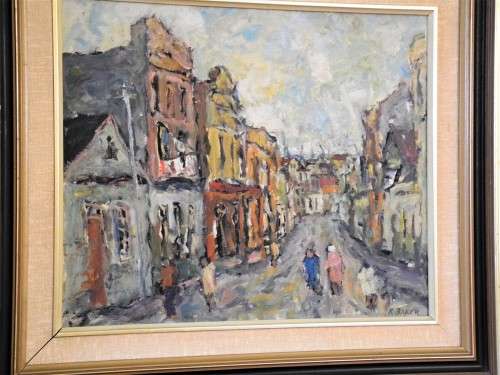 KENNETH BAKER, 1931-1995, DISTRICT SIX,OIL ON BOARD,SIZE:FRAMED W60XH53cm.PAINTING;W47XH39cm