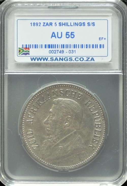 1892  Z.A.R.  FIVE  SHILLINGS  SILVER 0.925Ag    SANGS   AU55  (EF+)