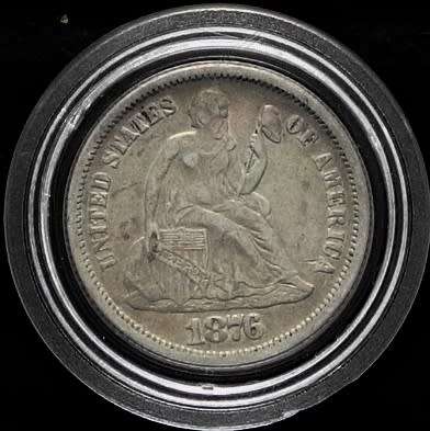 1876 U.S. Seated Liberty Dime. Silver .9000Ag  17.9 mm Diam. Ungraded VF