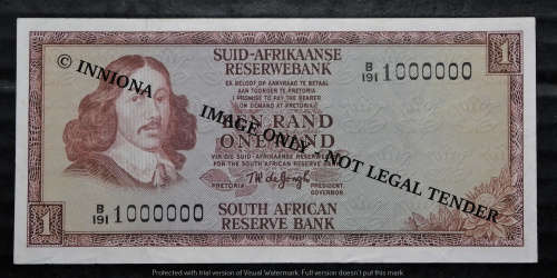 1973  T.W. de JONGH.  R1  BANKNOTE. 2nd Issue UNIQUE SERIAL No. B/191 1 000 000.