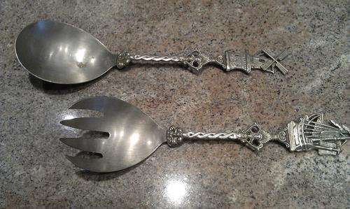Dutch Theme Ship and Windmill Salad Spoon and Fork with rotating windmill blades.