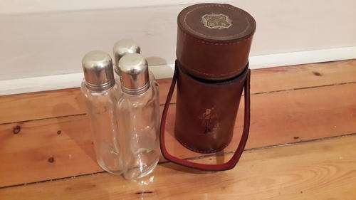 Vintage British Travel Set of Liquor Flasks In Leather Case