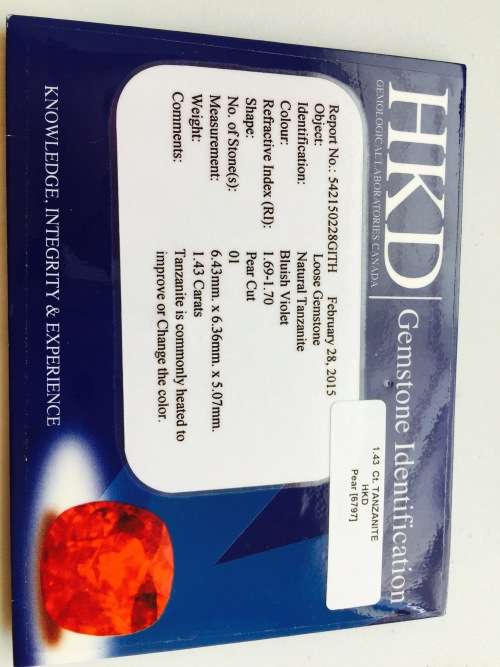 1.43 Ct AAA "HKD" CERTIFIED BLUISH VIOLET "D" BLOCK TANZANITE FREE CERTIFICATE!!