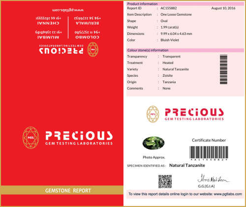 1.99ct ''PGTL" CERT FANTASTIC!!! 100% AA+ GENUINE Natural TANZANITE GREENISH/YELLOW/BLUISH/SILVER